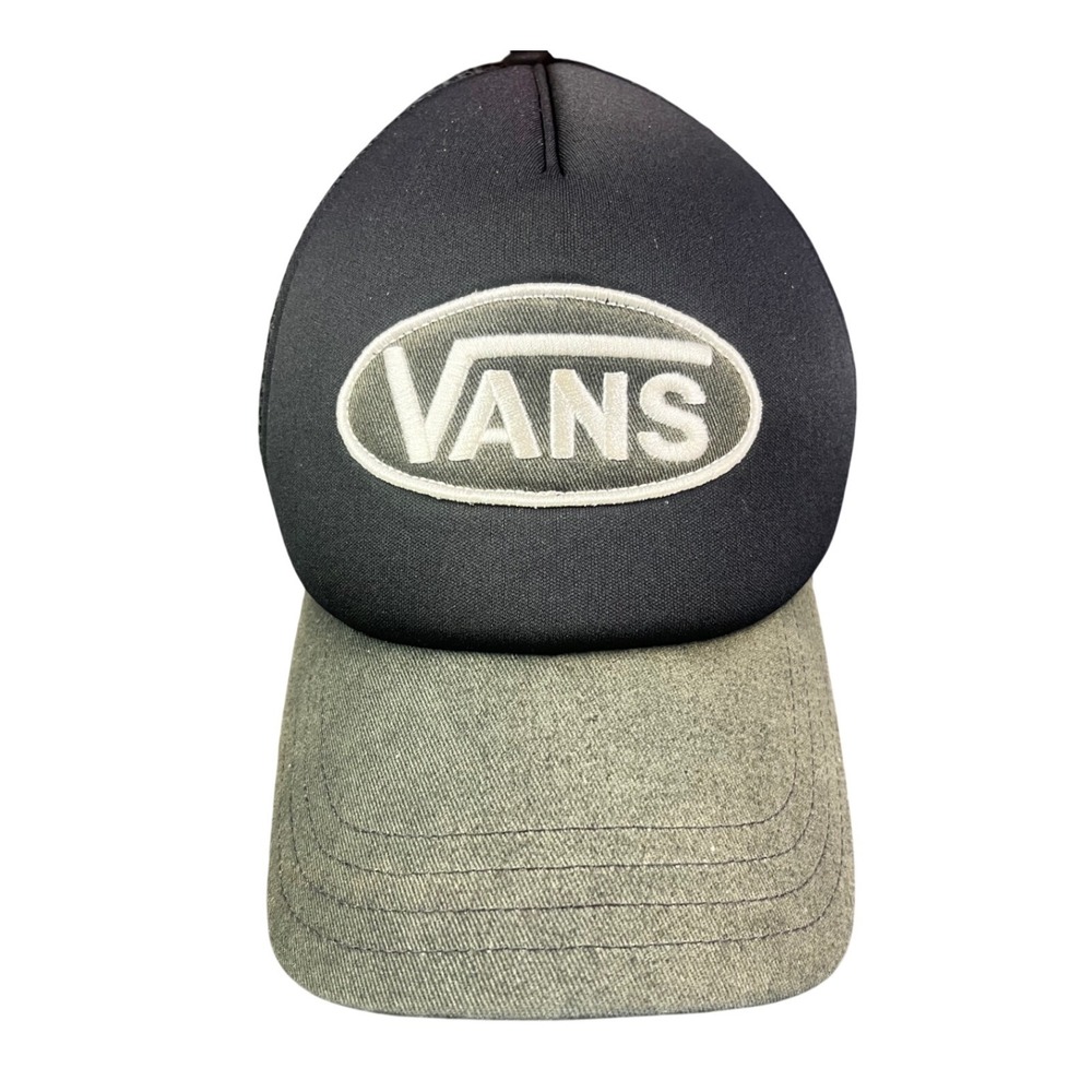 Vans Trucker Hat Black Olive Green Oval Logo Mesh Snapback Cap